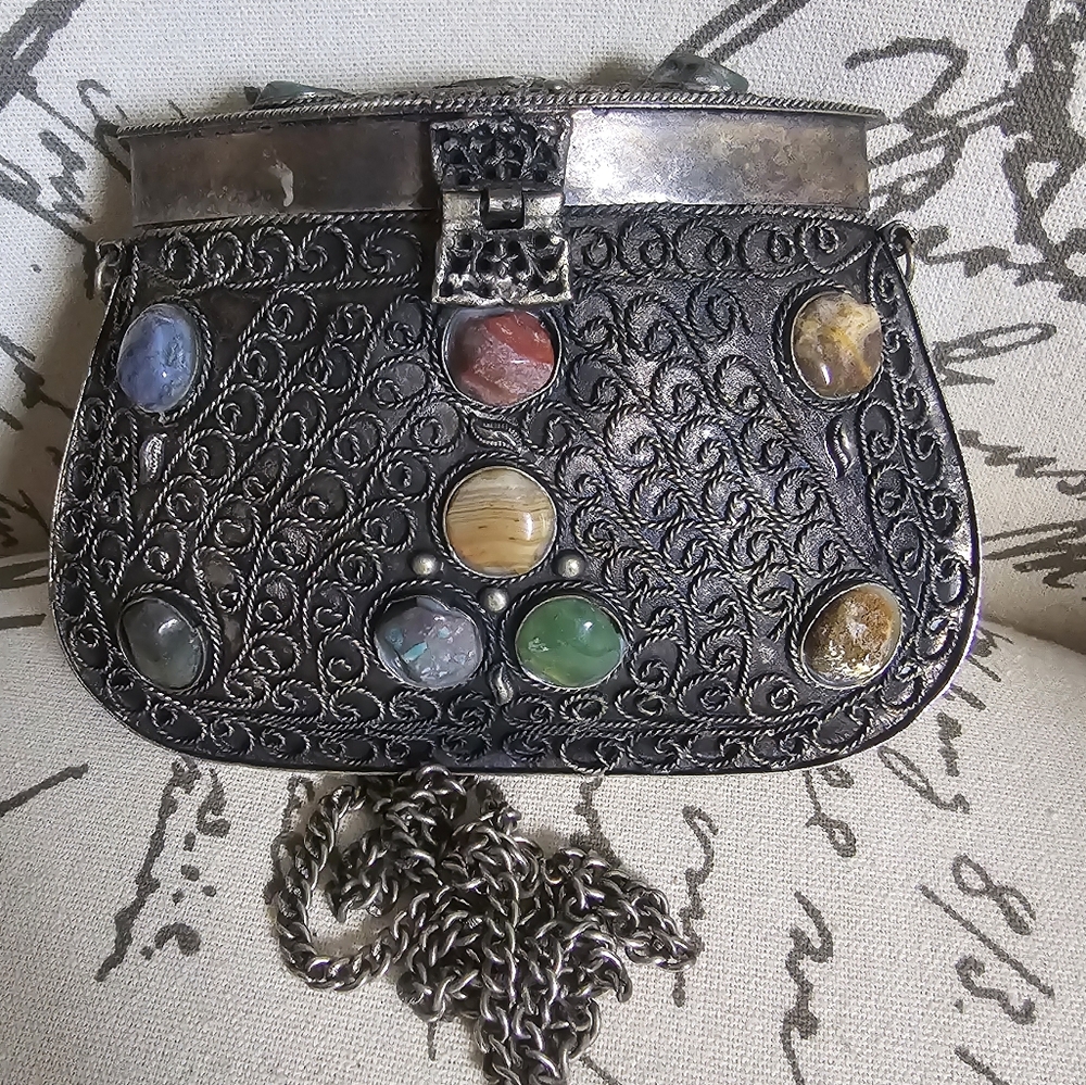 Embellished Filigree Metal Crossbody Bag with Gem Accents - Silver - Picture 2 of 9